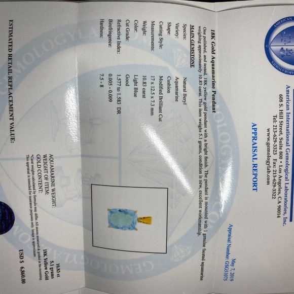 Certified Aquamarine 10.83ct Solid 18K Pendant - Picture 7 of 7